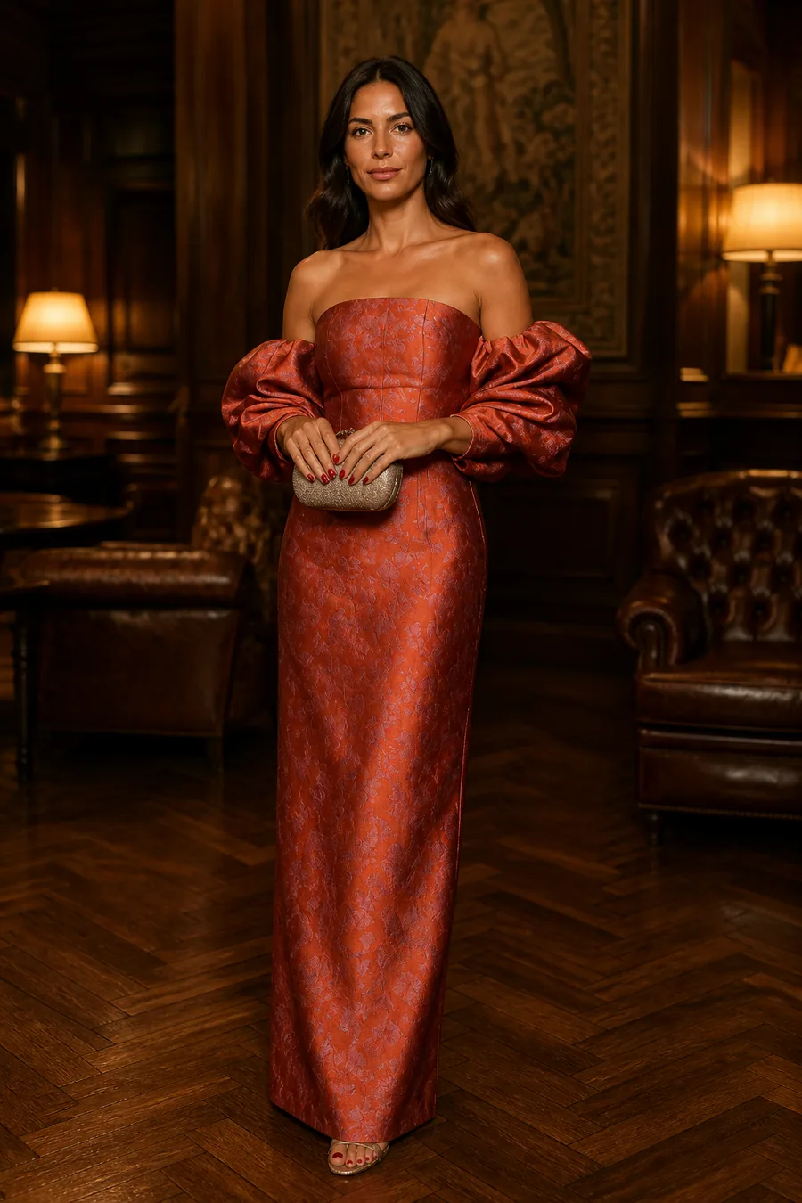 Vestido largo de brocado óxido con mangas abullonadas