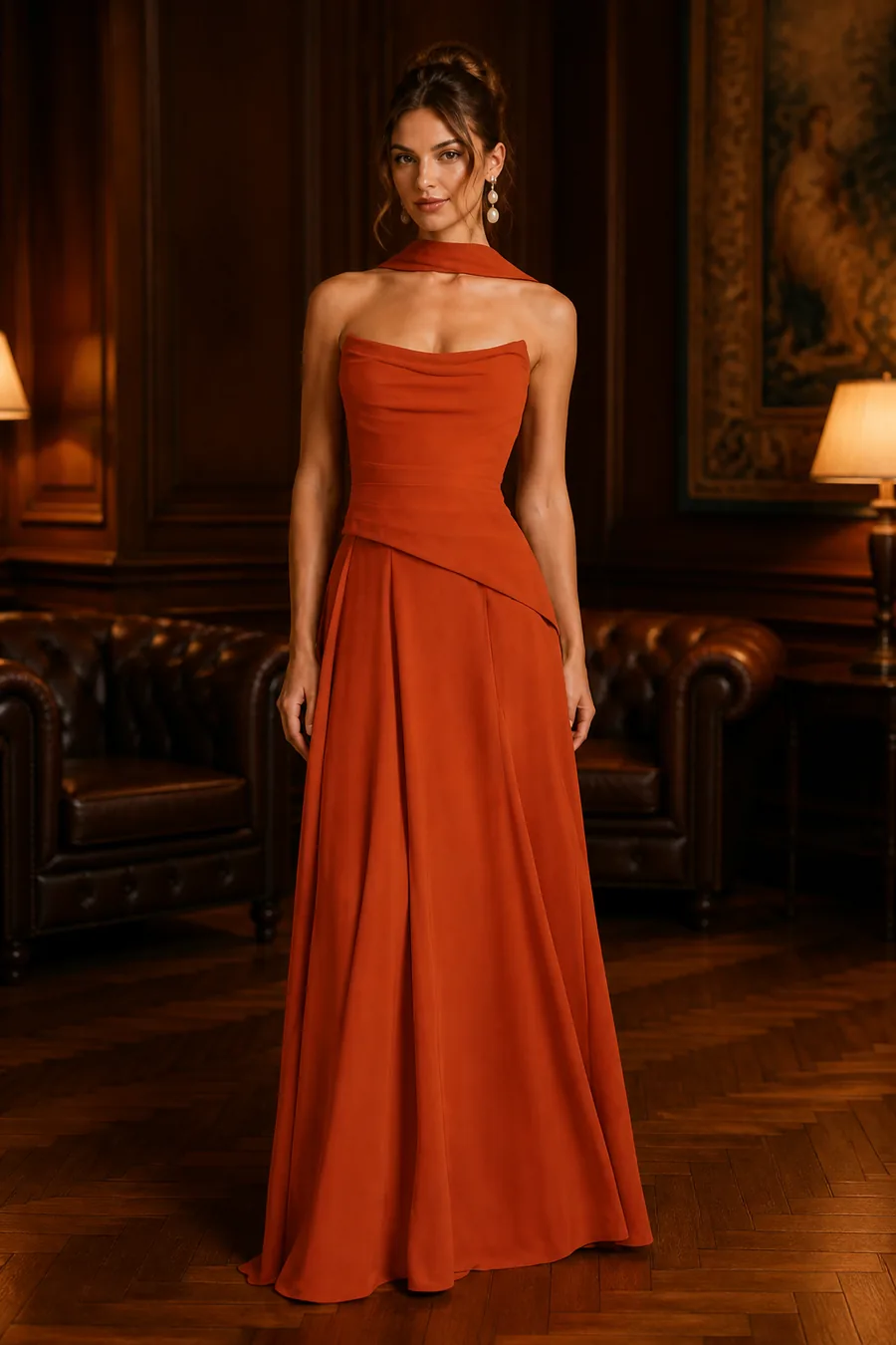 Vestido largo terracota con cuello drapeado